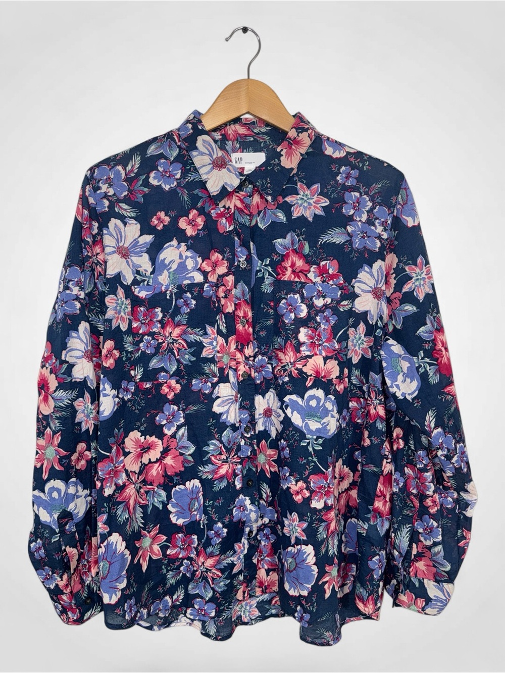WSH1 {GAP} "Boyfriend Fit" Blue Purple Pink Floral Button Down Shirt Top Blouse